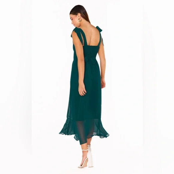 Show Me Your Mumu: Claire Midi Dress in Emerald Chiffon, Luxe Satin, and Crisp